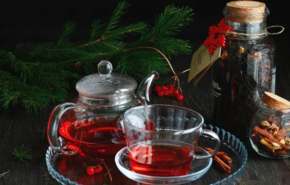 Picture berries, tea, spruce, branch, kettle, Cup, Bank, still life