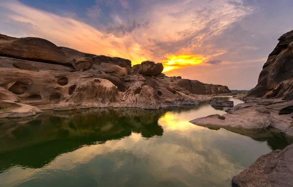 Sunset, river, stones, rocks, Thailand, river, nature, stone