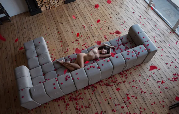 Girl, nude, sofa, roses, Marina Nelson