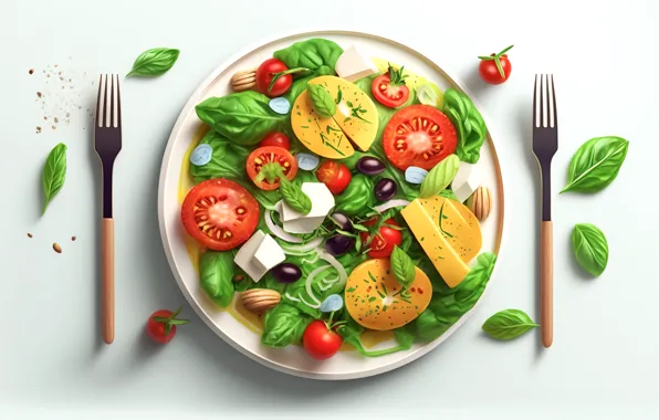 Greens, food, cheese, plate, white background, leaves, vegetables, tomatoes