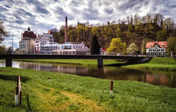 Picture grass, clouds, trees, landscape, bridge, home, Switzerland, river