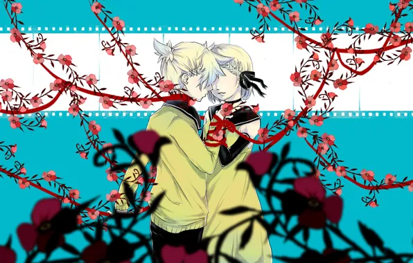 Girl, flowers, guy, two, Vocaloid, Vocaloid, Kagamine Len, Kagamine Rin