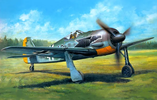 Field, art, the plane, German, fighter-monoplane, WW2, single, Focke-Wulf FW - 190A – 3