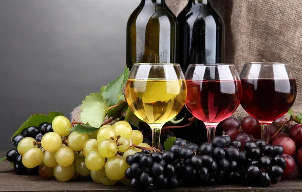 Wine, red, white, glasses, pink, grapes, bottle