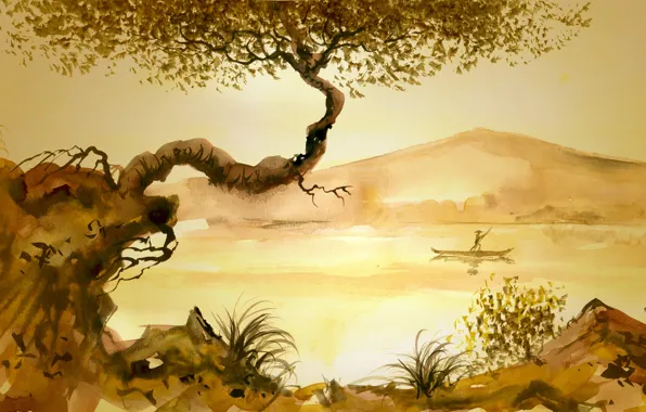 Picture grass, river, tree, people, Chinese painting, junk