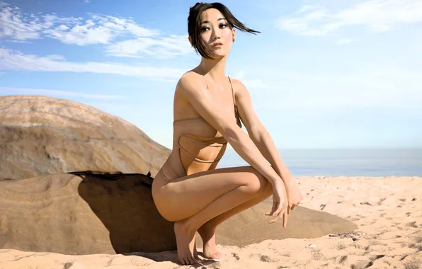 Sand, swimsuit, the sky, girl, mountain, shadow, brown hair, Asian