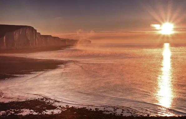 Sea, sunset, fog, England, Cuckmere Haven