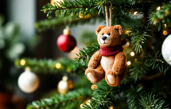 Balls, branches, lights, toy, bear, Christmas, bear, New year