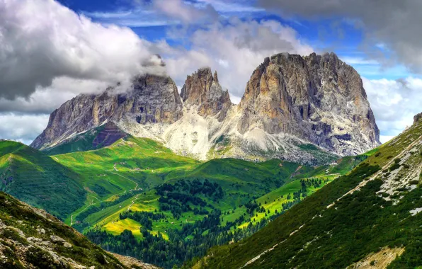 The sky, clouds, trees, mountains, slope, Italy, The Dolomites