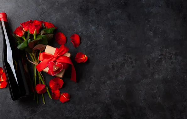 Love, flowers, gift, wine, romance, bottle, roses, petals