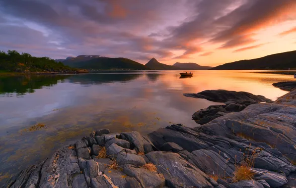 Picture mountains, nature, stones, dawn, boat, morning, Bay, the fjord
