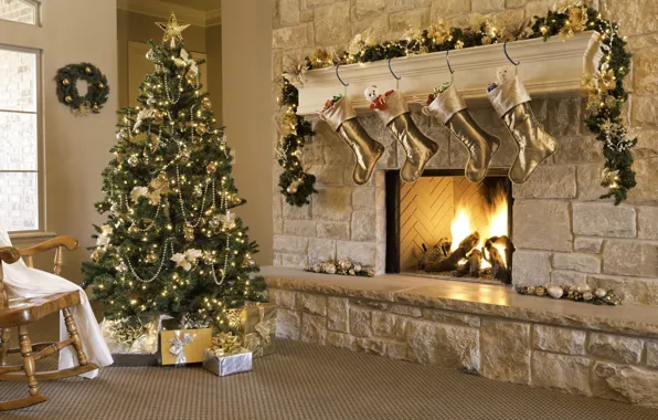 Decoration, heat, fire, tree, chair, New Year, Christmas, gifts
