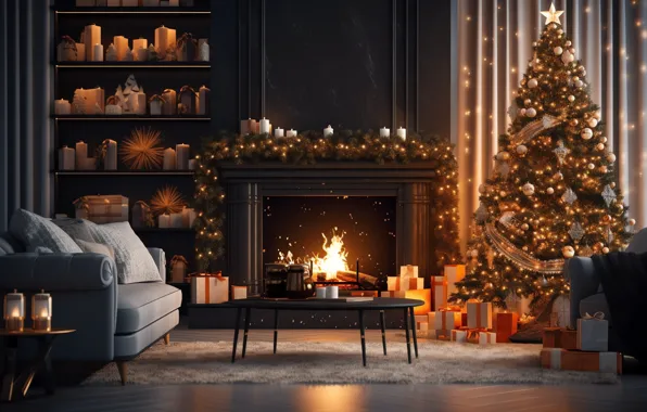 Comfort, house, heat, room, fire, flame, interior, Christmas
