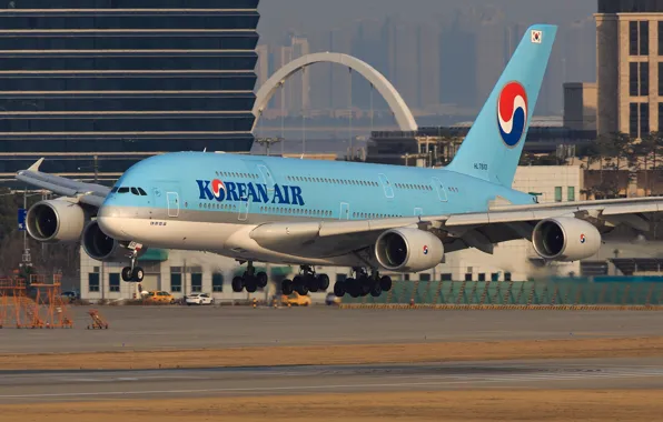 Landing, the airfield, a passenger plane