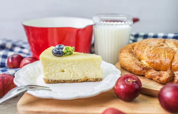 Coffee, Breakfast, milk, cakes, buns, casserole