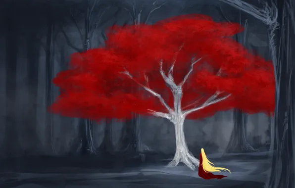Forest, leaves, girl, tree, art, red dress, long hair