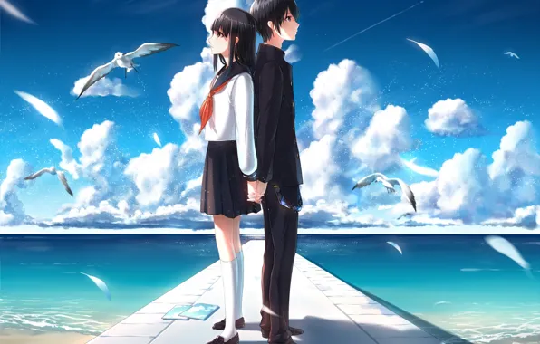 Picture the sky, girl, clouds, the ocean, seagulls, anime, art, form