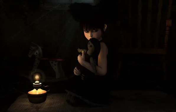 Picture loneliness, fire, toy, dark, lamp, candle, art, girl