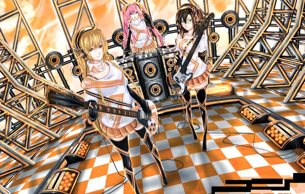 Girls, wire, guitar, group, anime, art, speakers, records