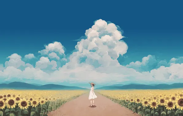 Picture the sky, clouds, sunflowers, Girl