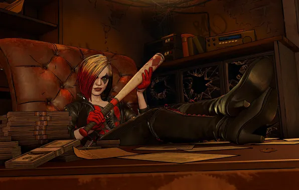 Picture The game, Hair, Gloves, Money, Sitting, Harley Quinn, Game, DC Comics