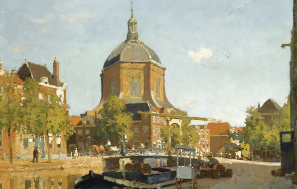 Picture picture, the urban landscape, Cornelis Vreedenburgh, Figures on a Canal near the Marekerk. Leiden