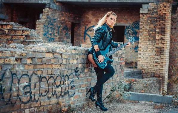 Girl, sexy, pose, music, wall, graffiti, panties, guitar