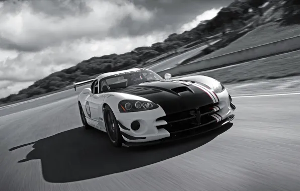 Picture road, clouds, black and white, Dodge, Viper, srt10