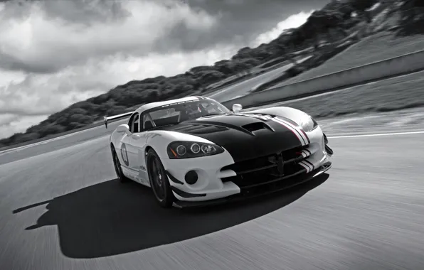 Road, clouds, black and white, Dodge, Viper, srt10