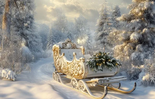 Winter, road, forest, the sky, clouds, light, snow, branches
