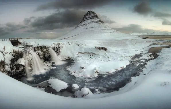 Picture winter, snow, river, Mountain, waterfalls, Iceland