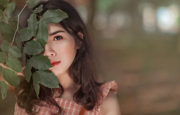 Picture look, foliage, brown eyes, blurred background, brown eyes, look, hid, shy