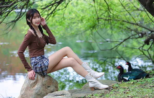 Picture look, trees, pose, pond, Park, model, skirt, portrait