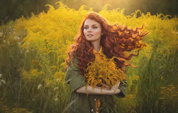 Girl, nature, red, grass, curls, Natalia Vetoshkina