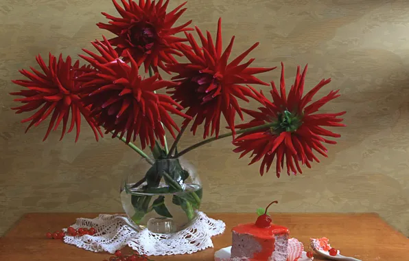 Bouquet, vase, still life, cake, dahlias