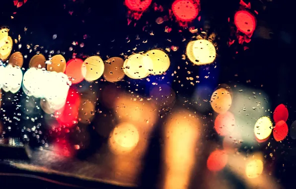 Glass, drops, night, lights, rain, blur, bokeh