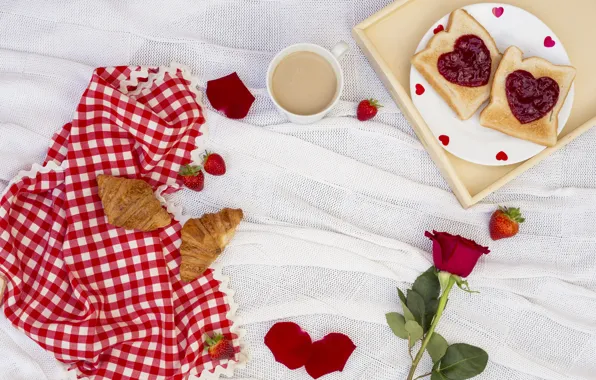 Love, roses, Breakfast, hearts, love, romantic, hearts, coffee cup