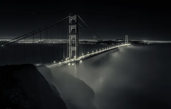 Picture bridge, lights, fog, CA, San Francisco, California, San Francisco, Bay Bridge