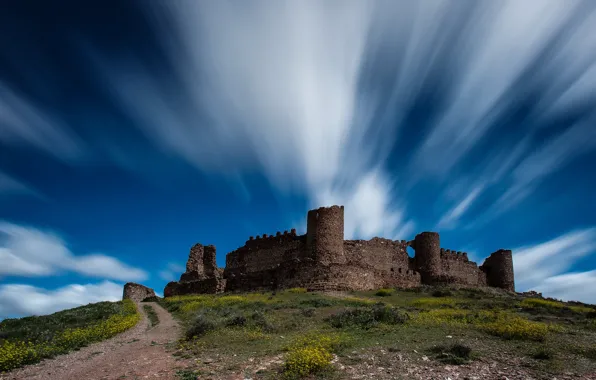 Road, the sky, clouds, blue, castle, hill, ruins