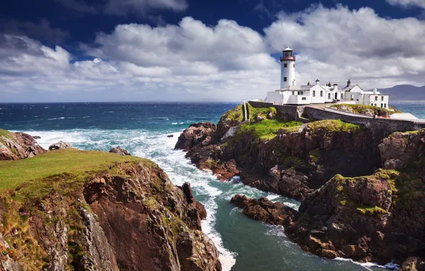 Storm, the ocean, rocks, lighthouse, The Fanad Lighthouse
