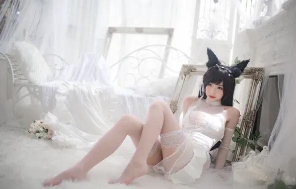 Flowers, sexy, pose, smile, stockings, mirror, brunette, Fox