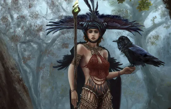Girl, bird, feathers, fantasy, art, staff, Raven, headdress