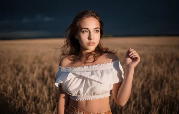 Field, girl, pose, hands, Alina Sabirova, Darius Wallenstein