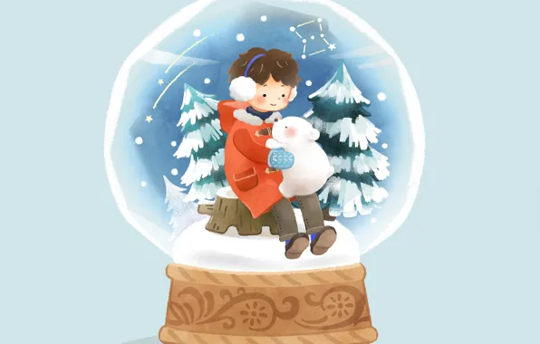 Snow, boy, tree, blue background, bear, snow globe, on the stump