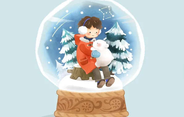 Picture snow, boy, tree, blue background, bear, snow globe, on the stump