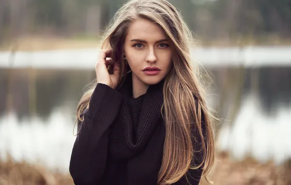Look, girl, river, background, model, hand, portrait, makeup
