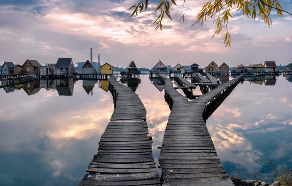 Sunset, autumn, lake, Hungarian, stilt houses