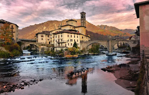 Autumn, mountains, bridge, house, river, tower, Italy, Lombardy