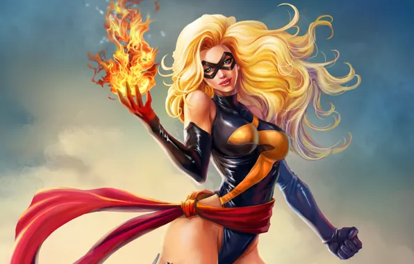 Girl, flight, fire, mask, costume, Warbird, Ms. Marvel, Double Star