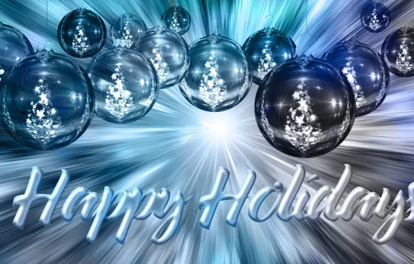 Balls, decoration, lights, letters, background, holiday, blue, the inscription